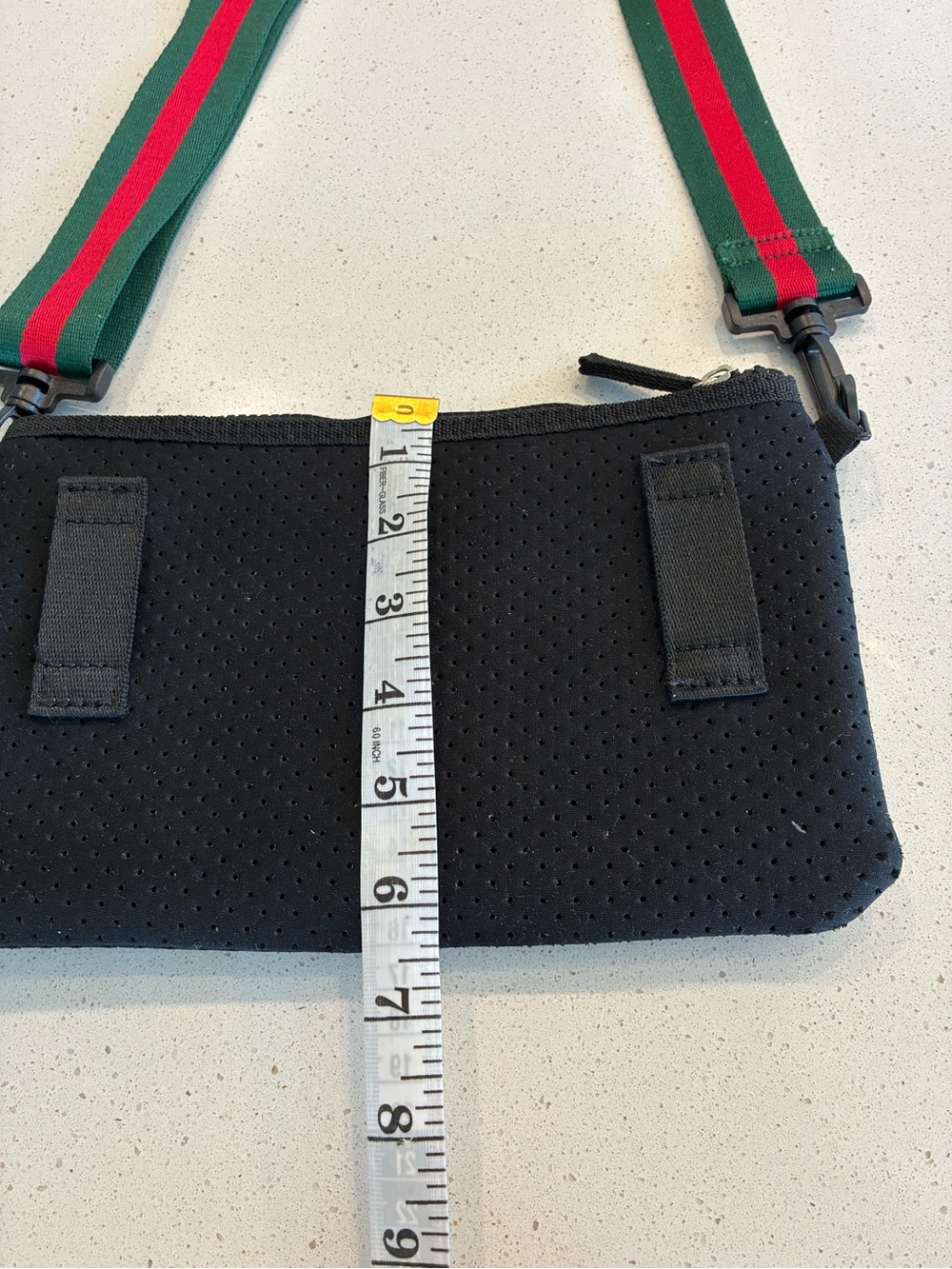 Black Crossbody Neoprene Pouch with Green and Red Stripe Adjustable Strap - Picture 11 of 15